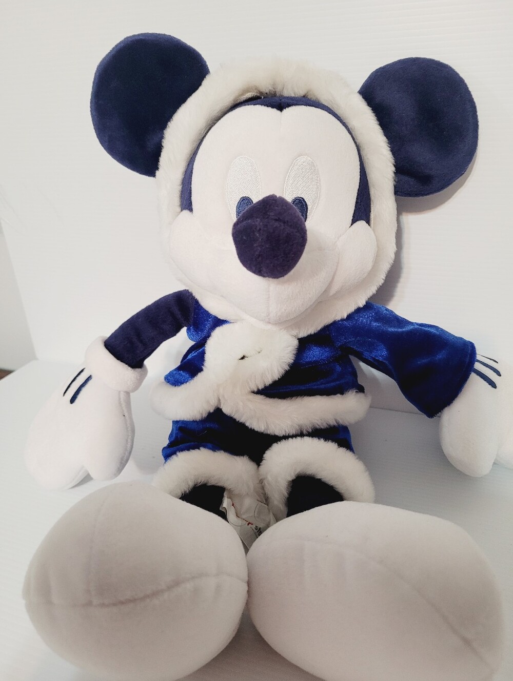Disney Plush Mickey Mouse in Navy Blue and White Fur Trim